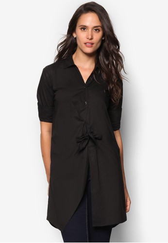 繫帶腰飾長版長袖襯衫, 服zalora時尚購物網的koumi koumi飾, 上衣