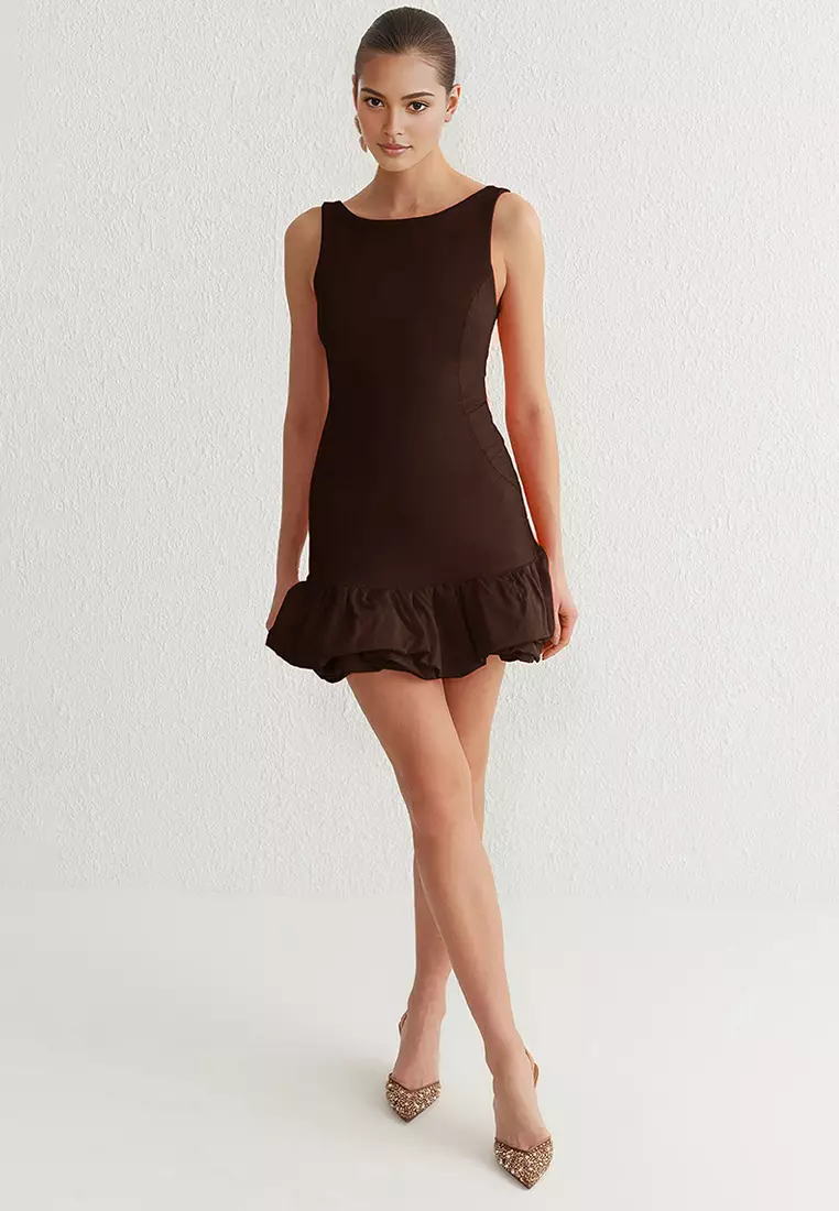 Brown Balloon Skirt Detailed Shorts Lined Short Evening Prom Dress TPRSS25EL00059