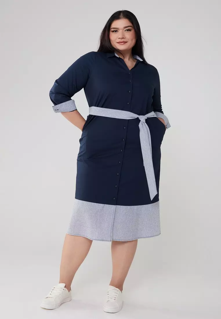 Plus Size Navy Blue Long Shirt Dress With Belt