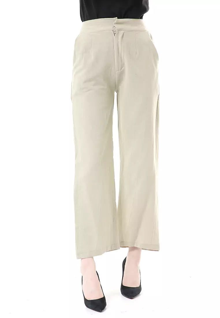 Celana Kulot Bawahan Wanita Highwaist Desain Casual Motif Polos Regular Fit - Sage