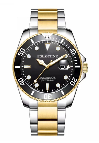EGLANTINE black and silver and gold EGLANTINE® Diver's Watch, Steel Case and Bicolor Bracelet, Black Dial and Bezel, Quartz Movement 20EE5ACA4A217AGS_1