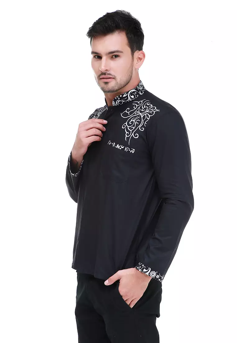 Dwan Kemeja Batik Pria Simple Atasan Formal Longsleeve Shirt Material Cotton ORIGINAL - Black