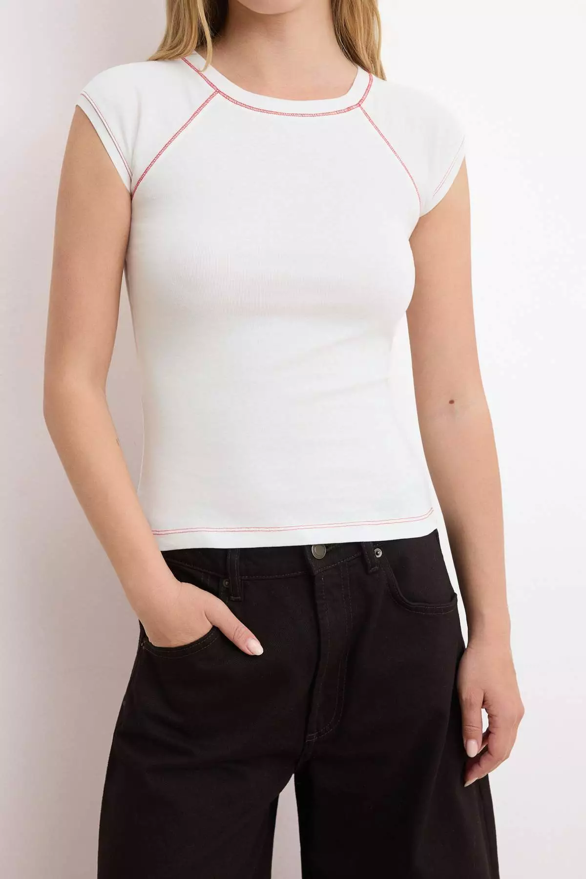 Ecru Fitted/Bodycon Raglan Sleeve Short Sleeve Ribbed/Camisole Knitted Blouse Twoss26Bz618