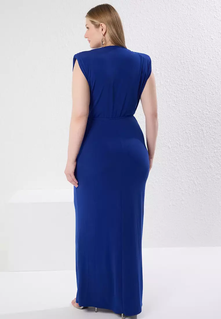 Saxe Gathered Detailed Slit Body-Sit Knit Plus Size Dress TBBSS25AH00119