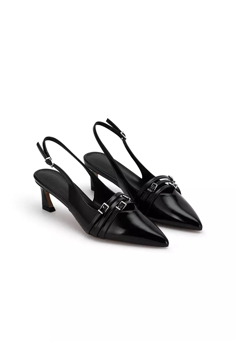 POINTED TOE BUCKLE SLINGBACK HEELS尖头扣饰后空高跟鞋