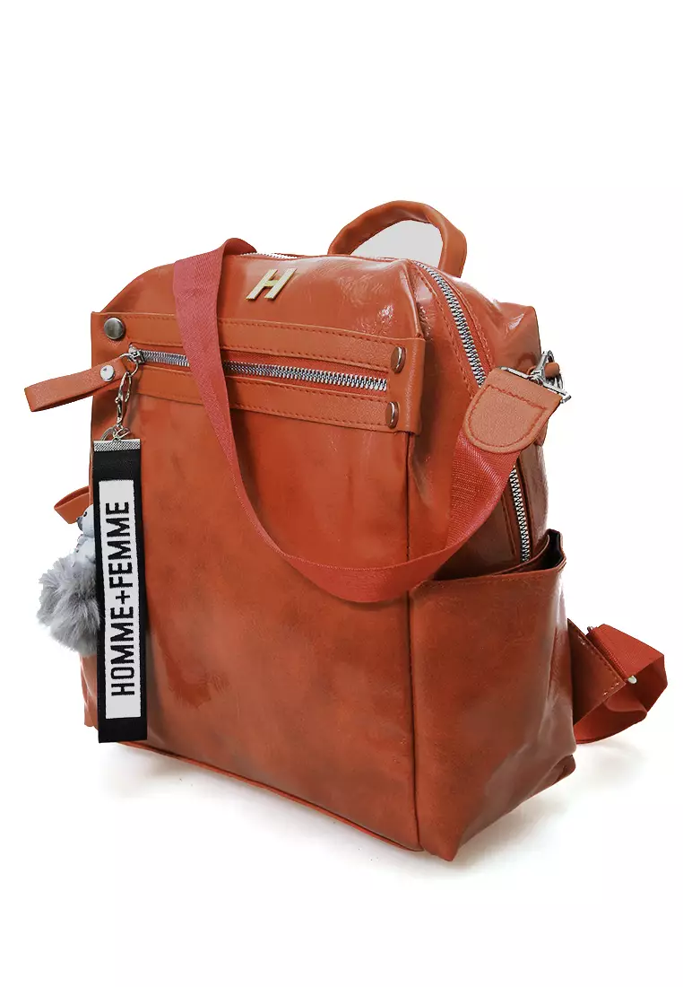 Afra Tas Ransel Wanita Large Compartment Backpack Desain Polos with Key Chain Material Leather ORIGINAL - Brown