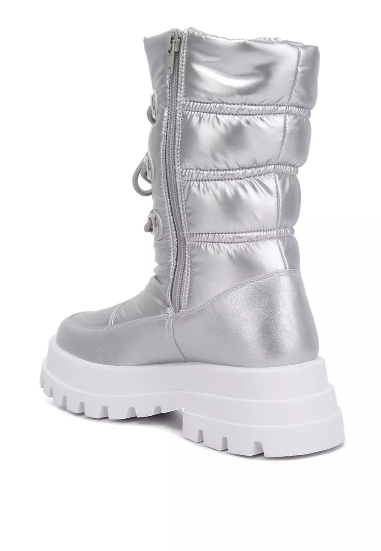Party Faux Leather Lace Up Boots In Silver