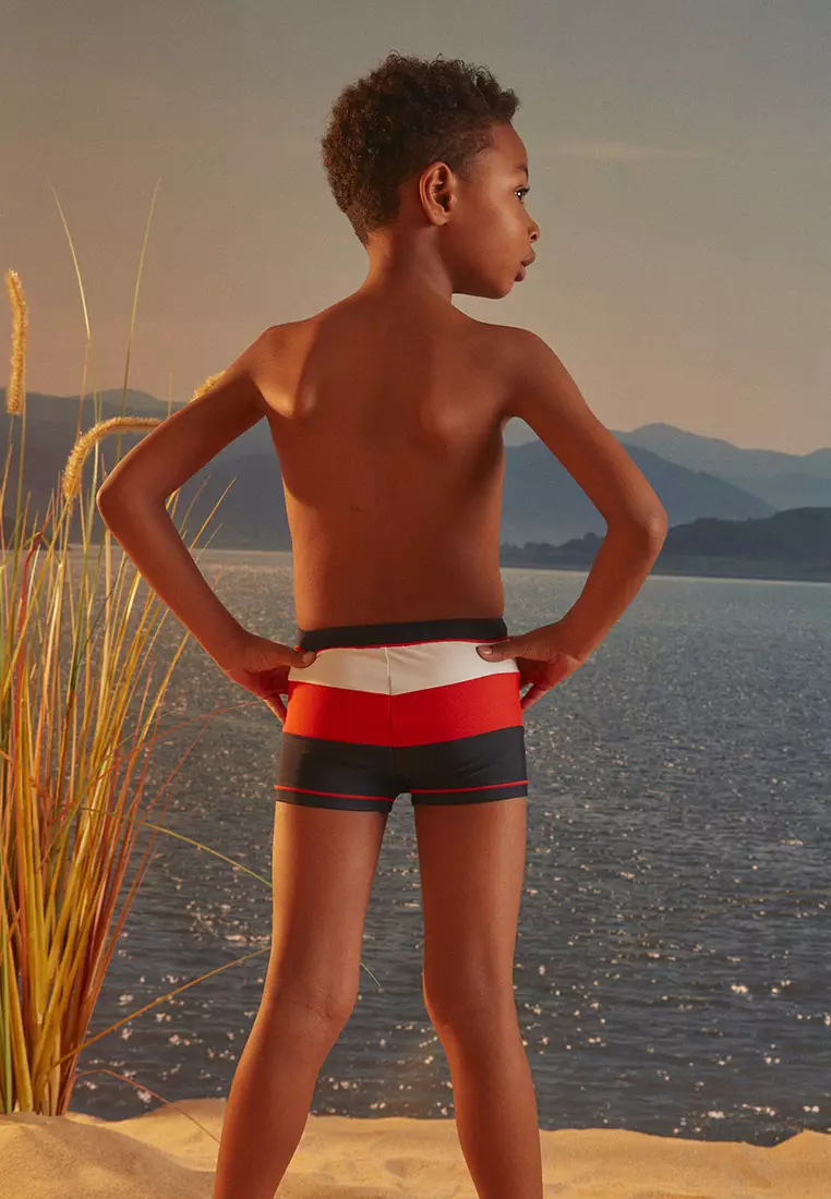 Orange Navy Striped Swim Trunks