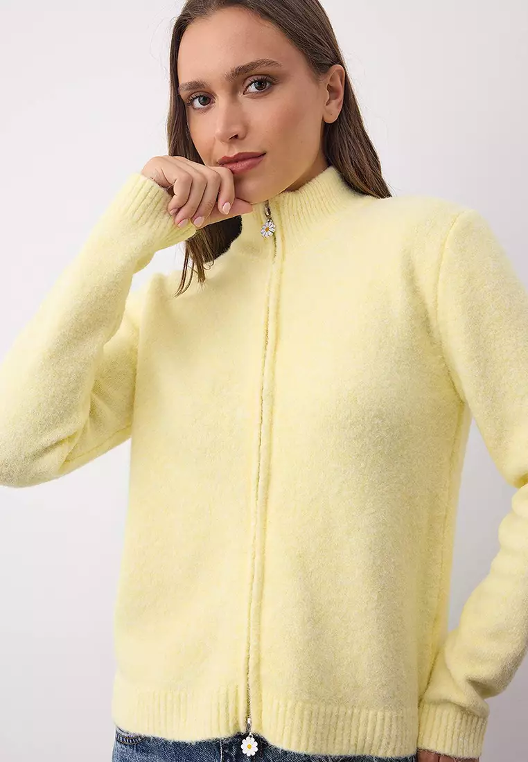 Wardrobe Essentials Yellow Wool Zippered Stand Collar Daisy Knit Cardigan | Twoaw26Hi00090