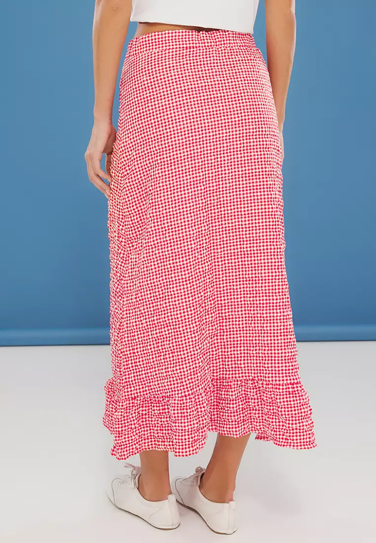 Red Seersucker Fabric Gingham Pattern Maxi Length Woven Skirt