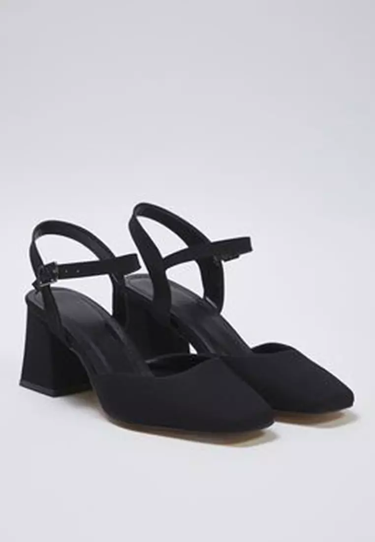 Black Ankle Strap Square Toe Women Block Heels Shoes Takss25To00052