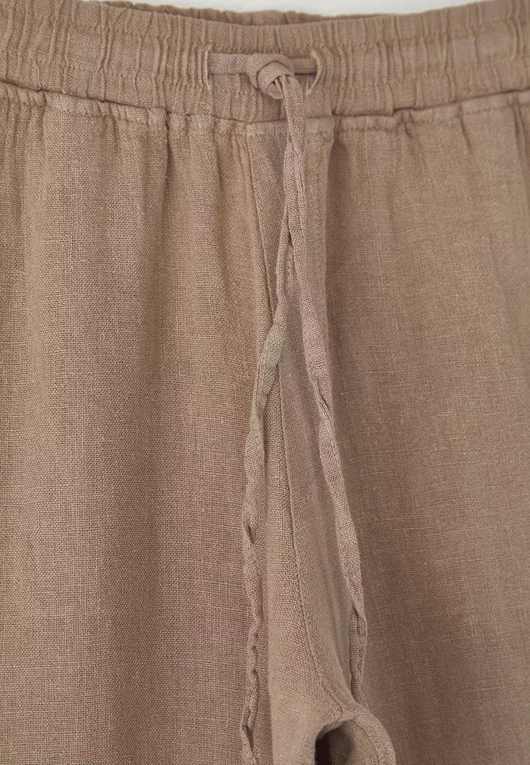 Beige Limited Edition 100% Linen Regular Fit Trousers  TMNSS24PL00018