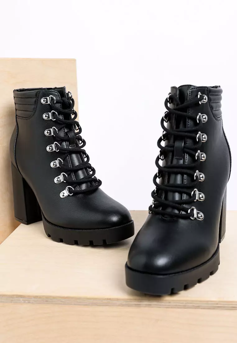 Black Lace Up Block Heel Boots