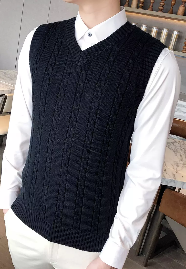 V-neck Jacquard Knitted Vest XH1823