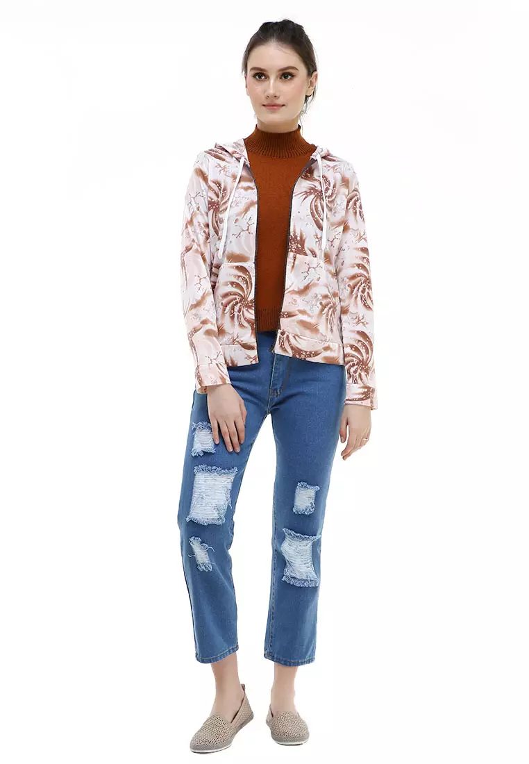 Aciel Jaket Hoodie Tie Dye Lengan Panjang Outerwear Wanita - Coklat