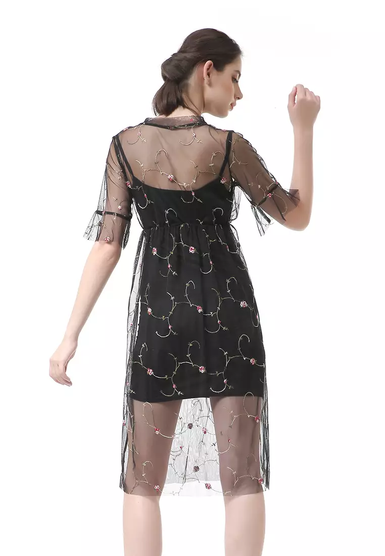 Rachel Midi Dress Wanita Lengan Pendek Koreaan Style Material Brukat ORIGINAL - Black