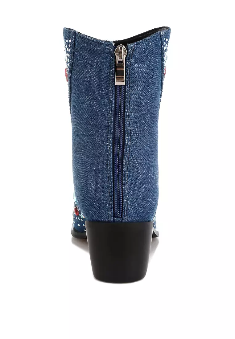 Multi Color Stones Embellished Boots in Dark Blue