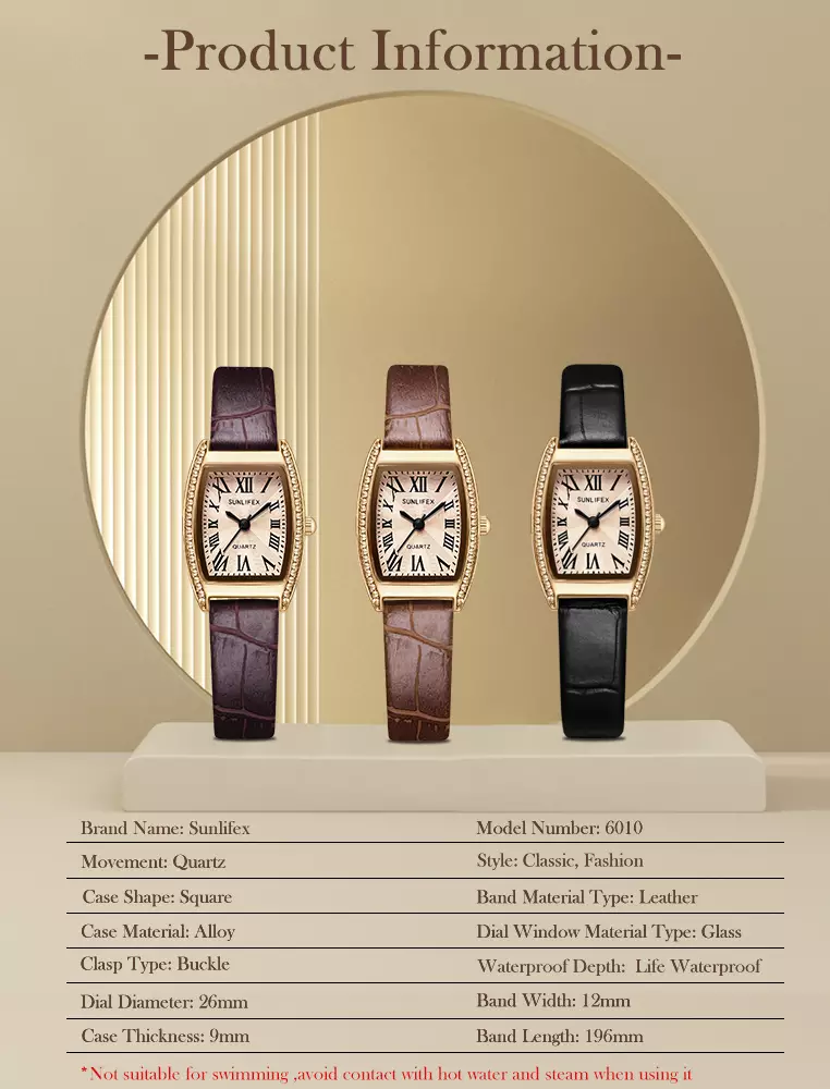 Jam Tangan Wanita Tonneau-shaped Diamond Dial Tali Kulit Mode Jam Tangan Cewek black white