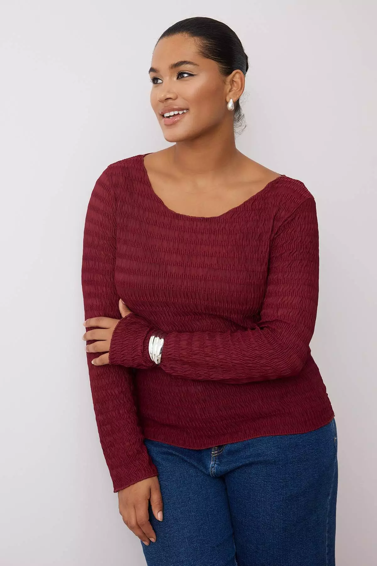 Burgundy Fitted/Body Fitted Textured Tulle Stretchy Knitted Plus Size Blouse Tbbaw26Af00030