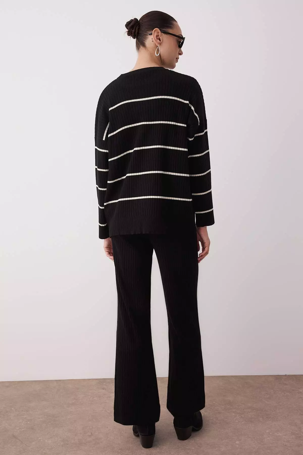 Black Wide Fit Striped Basic Ribbed Knitwear Bottom Top Set