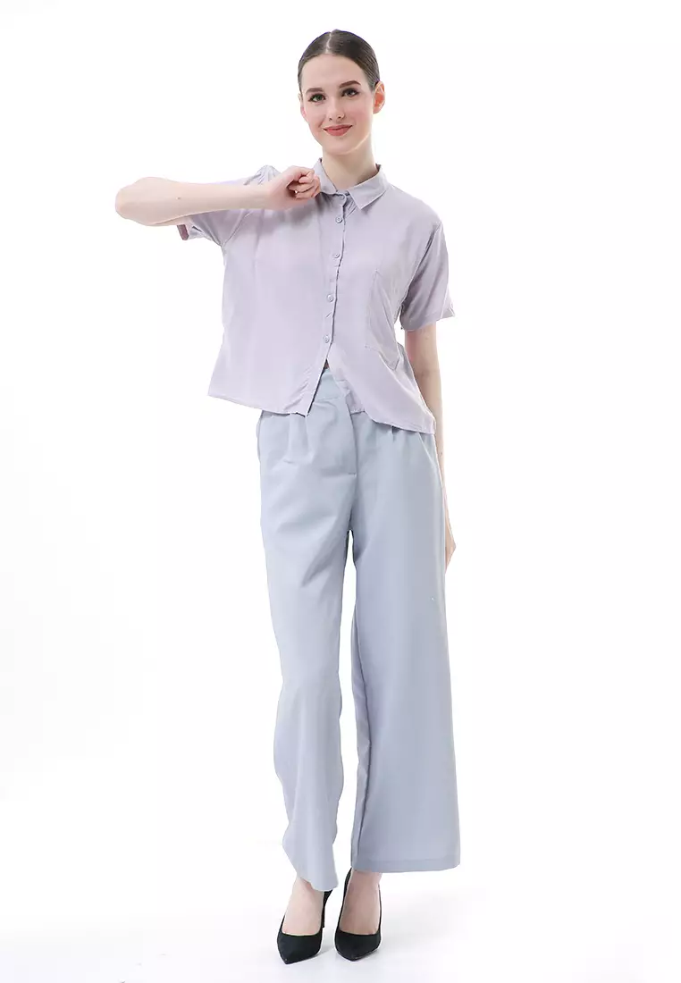 Melinda Kemeja Crop Top Atasan Wanita Motif Polos Relaxed Fit - Grey