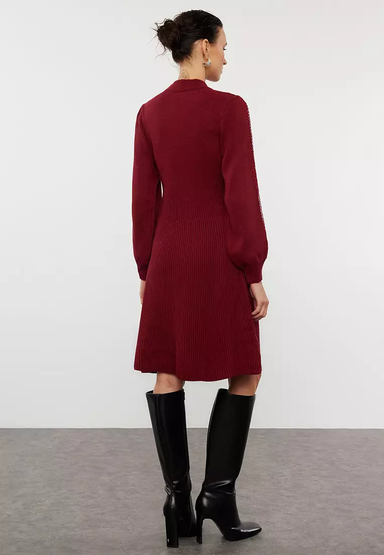 Claret Red Mini Knitwear Lace Dress Twoaw22El0011