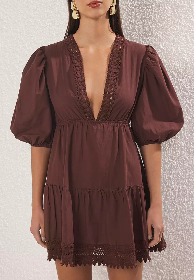 Brown Mini Woven Lace Detailed 100% Cotton Beach Dress Tbess24El00116