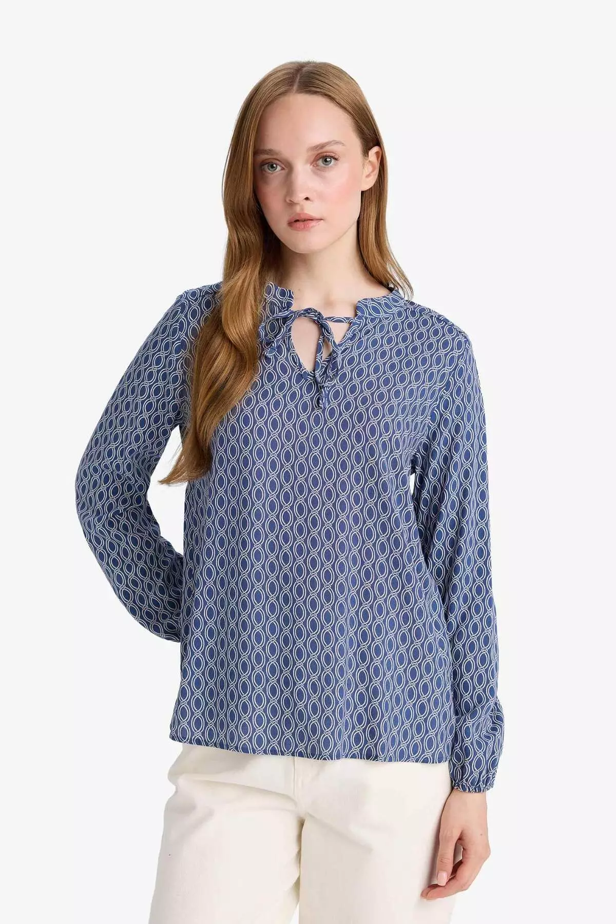 Regular Fit Lace-Up Collar Patterned Long Sleeve Blouse N1809Az25Sp