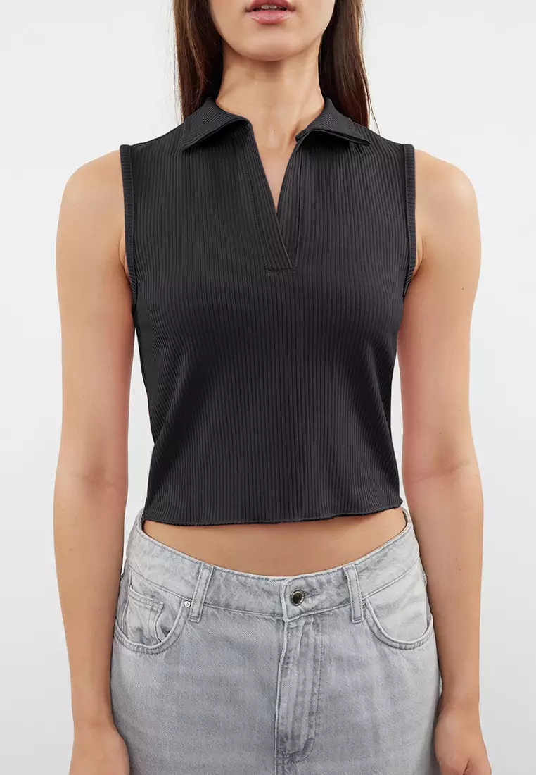 Anthracite Fitted Polo Collar Crop Flexible Knitted Blouse