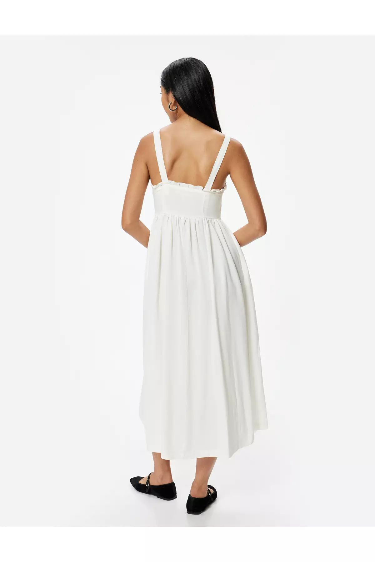 Midi Linen Dress Bow Detail Thick Straps and Pockets