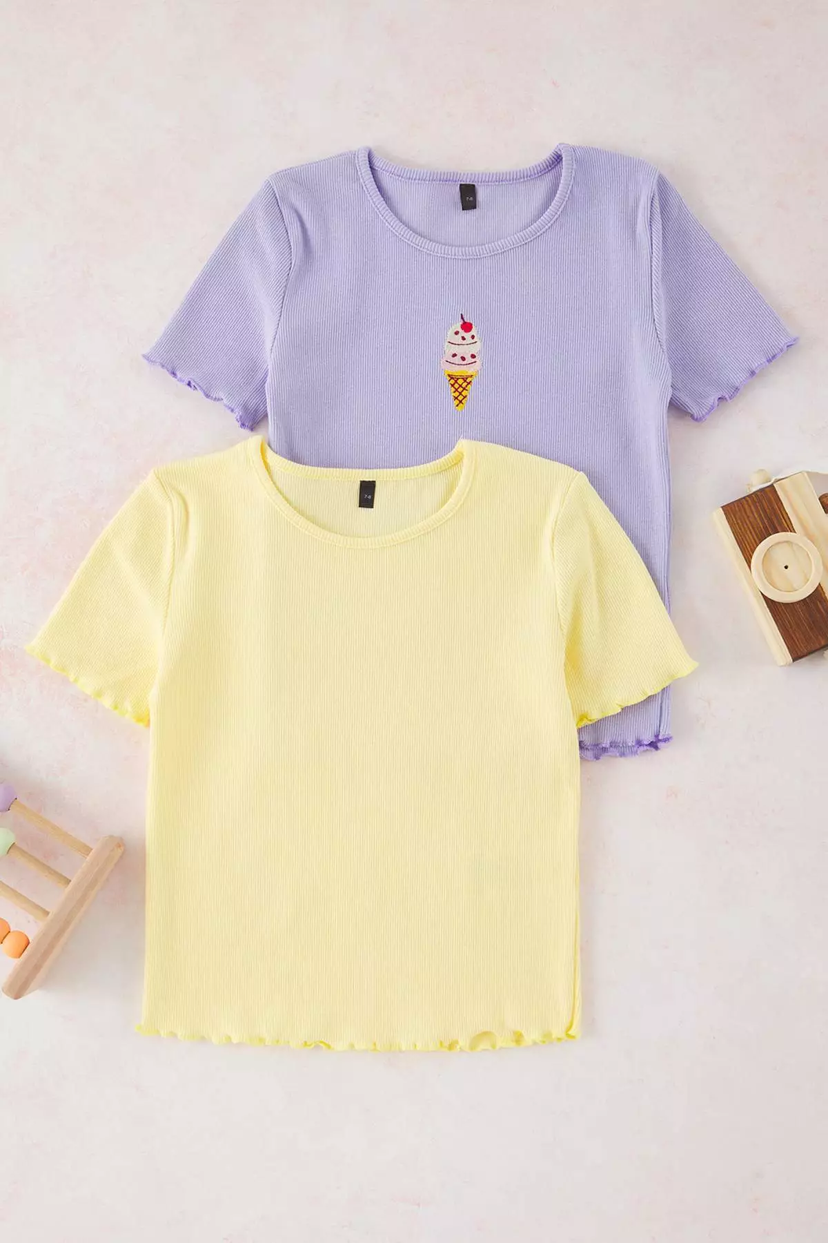 Lilac-Yellow Embroidered Girls' Knitted T-Shirt Tkdss25Ts00027