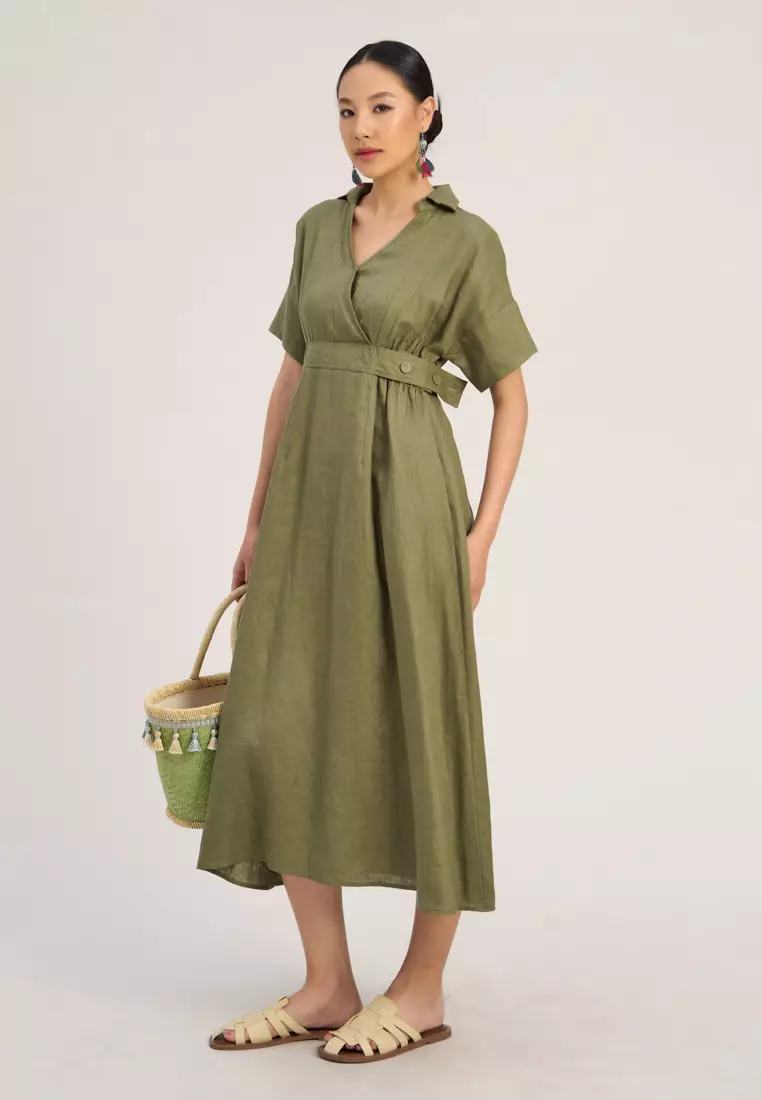 Moss Green Linen Midi Dress
