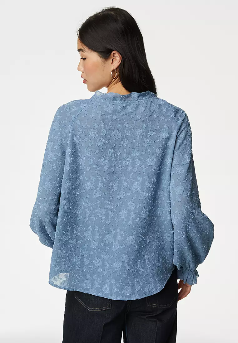 Jacquard Tie Neck Popover Blouse