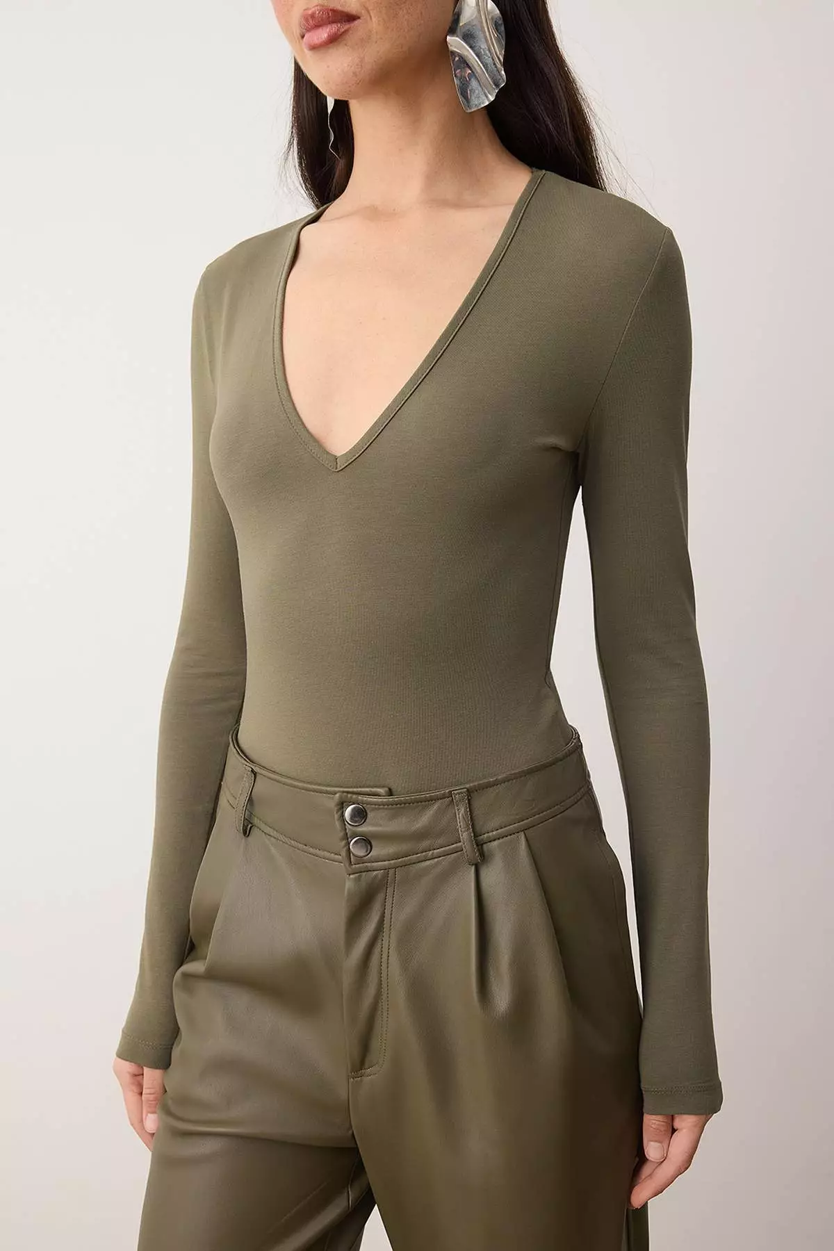 Khaki Deep V-Neck Snap Fastener Knitted Bodysuit Tpraw22Bd84