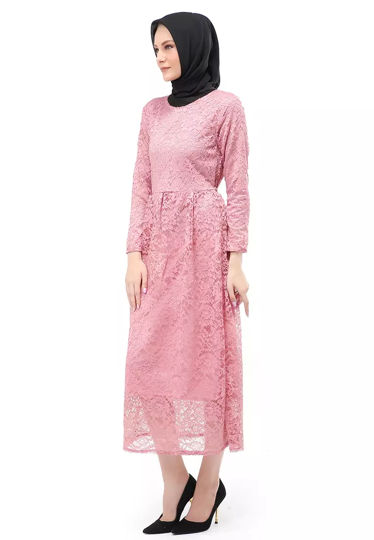 Alveera Gamis Brukat Muslimah Long Dress Regular Fit - Dusty