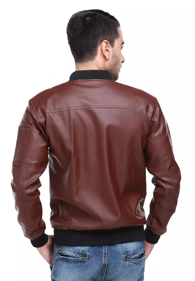 Clover Jaket Bomber Pria Now Ori Soft Material Leather Kulit ORIGINAL - Brown