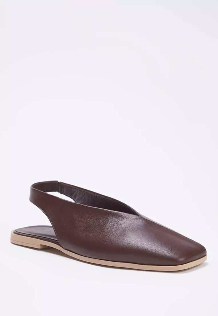 Dark Brown Genuine Leather Open Back Square Toe Women'S Ballerinas Takss25Be00018