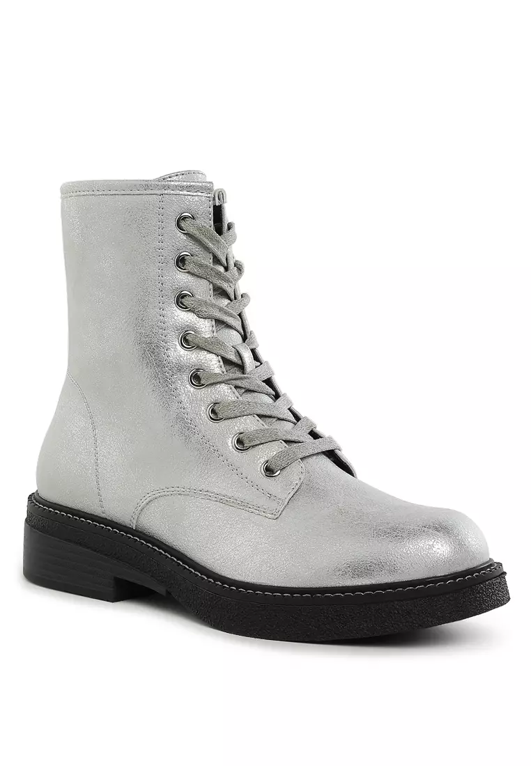 Metallic Texture Lace Up Boots in Silver