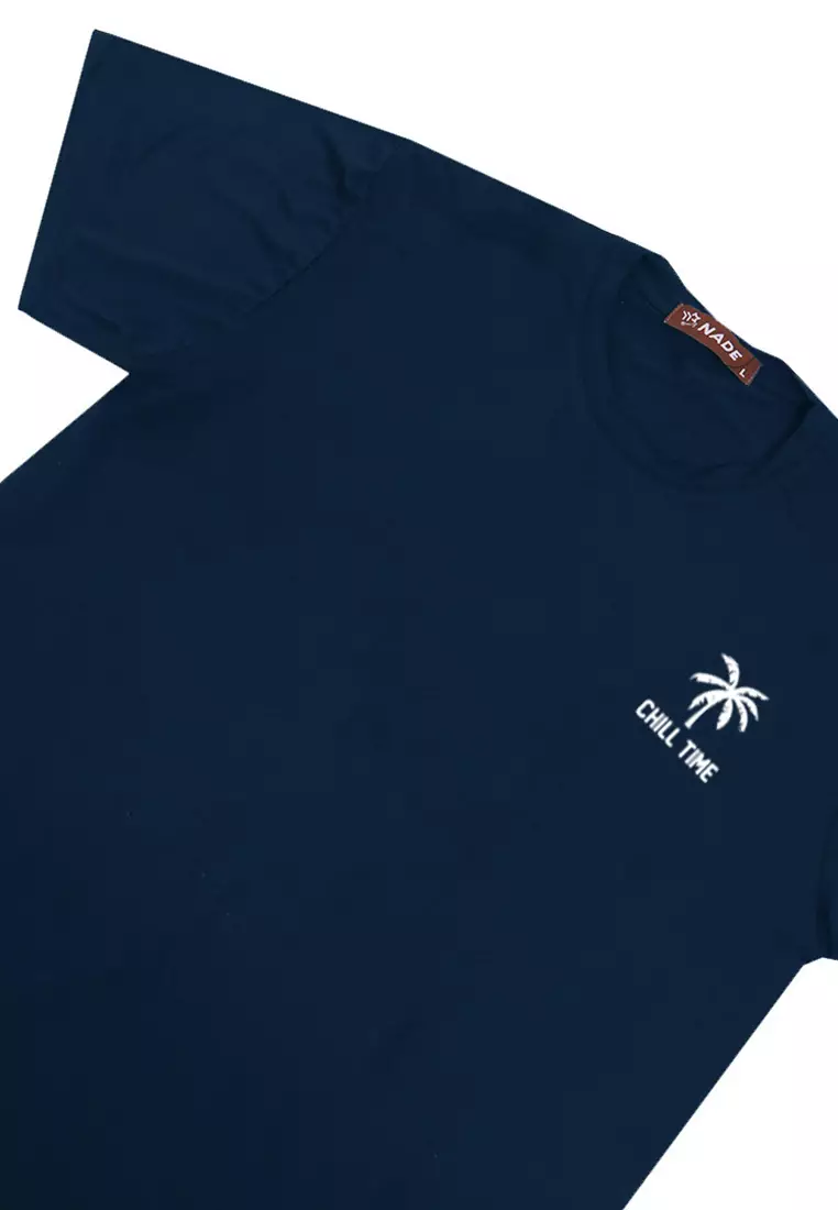 NTD42 Nade kaos pria lentur simple murah untuk travelling slimfit stretch body chill time navy