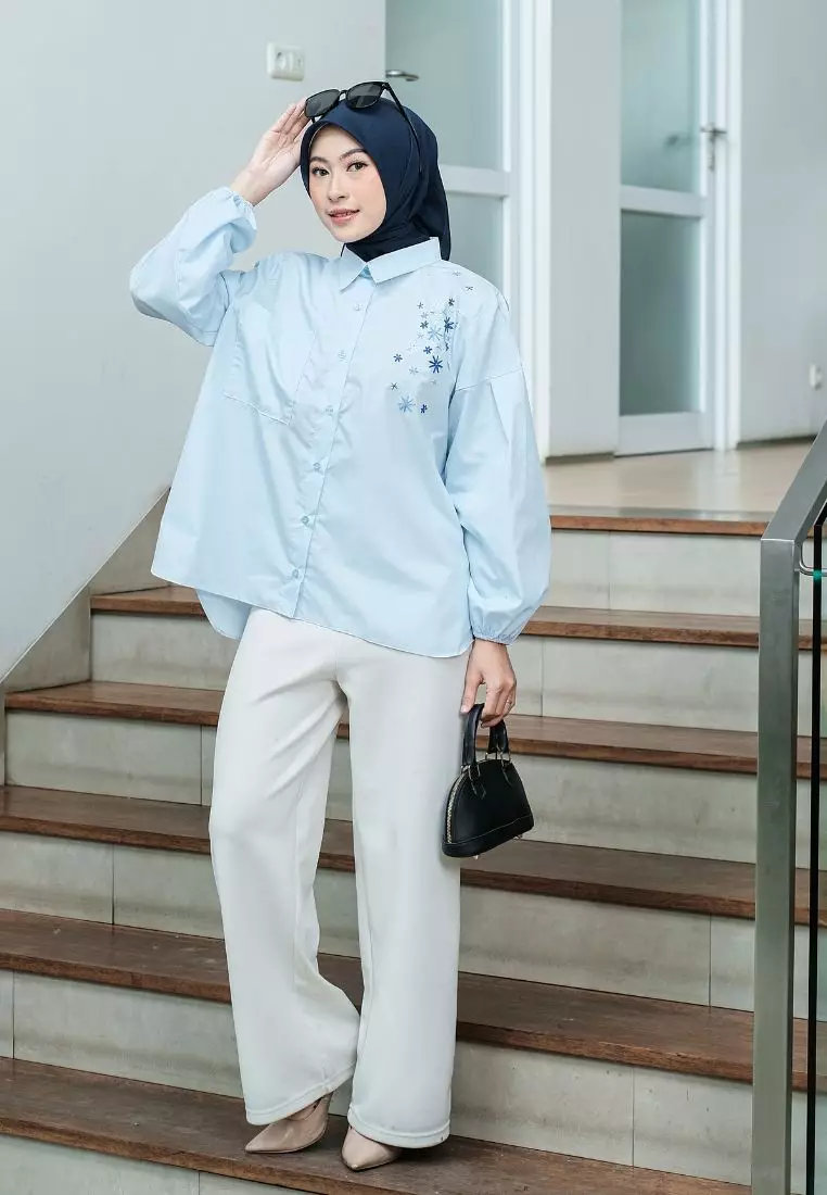 Donia Embrodery Top Powder Blue - Blouse Atasan Wanita