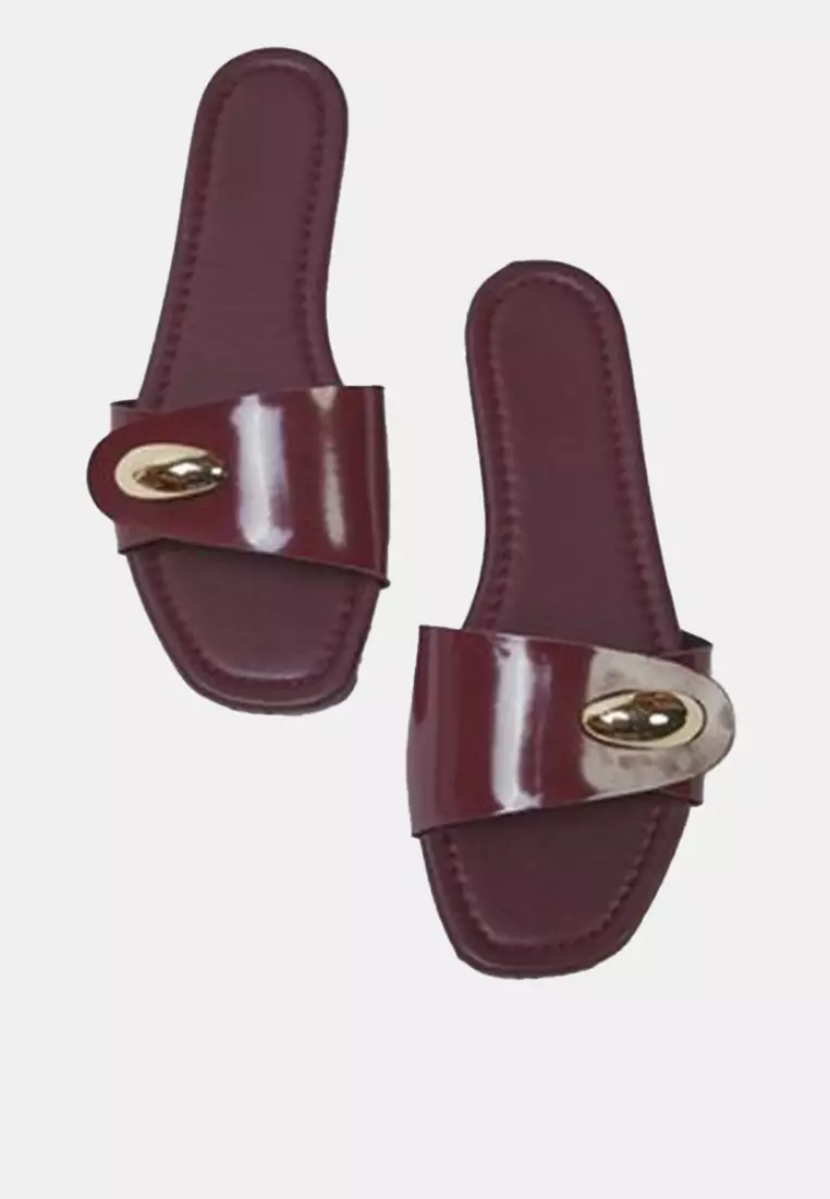 Burgundy Metal Decorated Women's Stylish Slippers Takss25Te00041