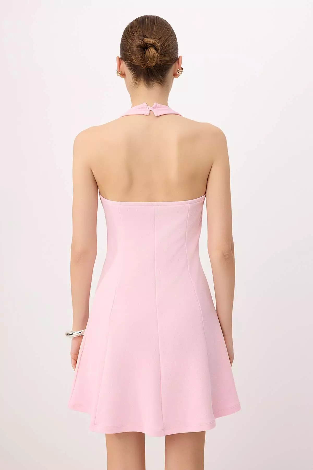 Pink Waist Opening Halter Neck Sleeveless Mini Scuba Crepe Knitted Dress Twoss26El12