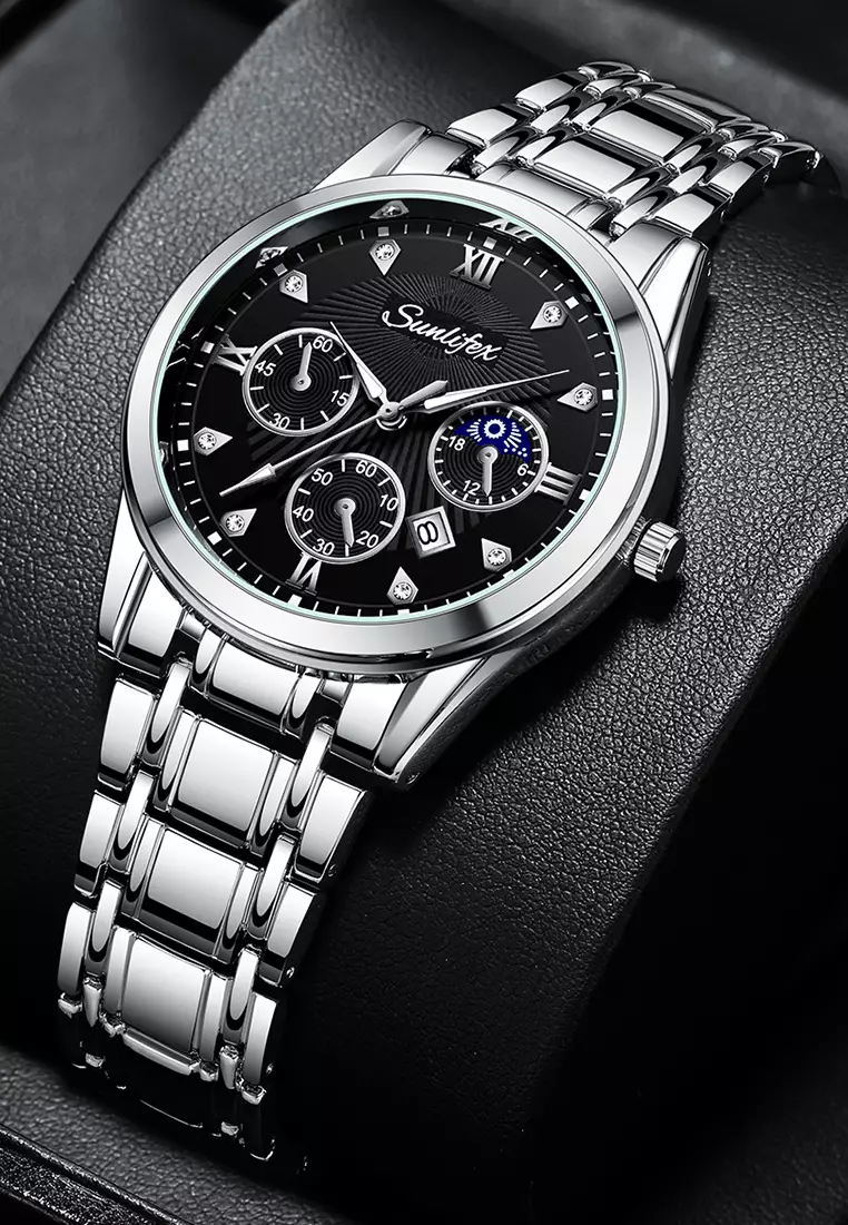 Jam Tangan Pria Original 9004A Kuarsa Calendar Tali Stainless Steel Mode Santai Jam Tangan Cowok silver black