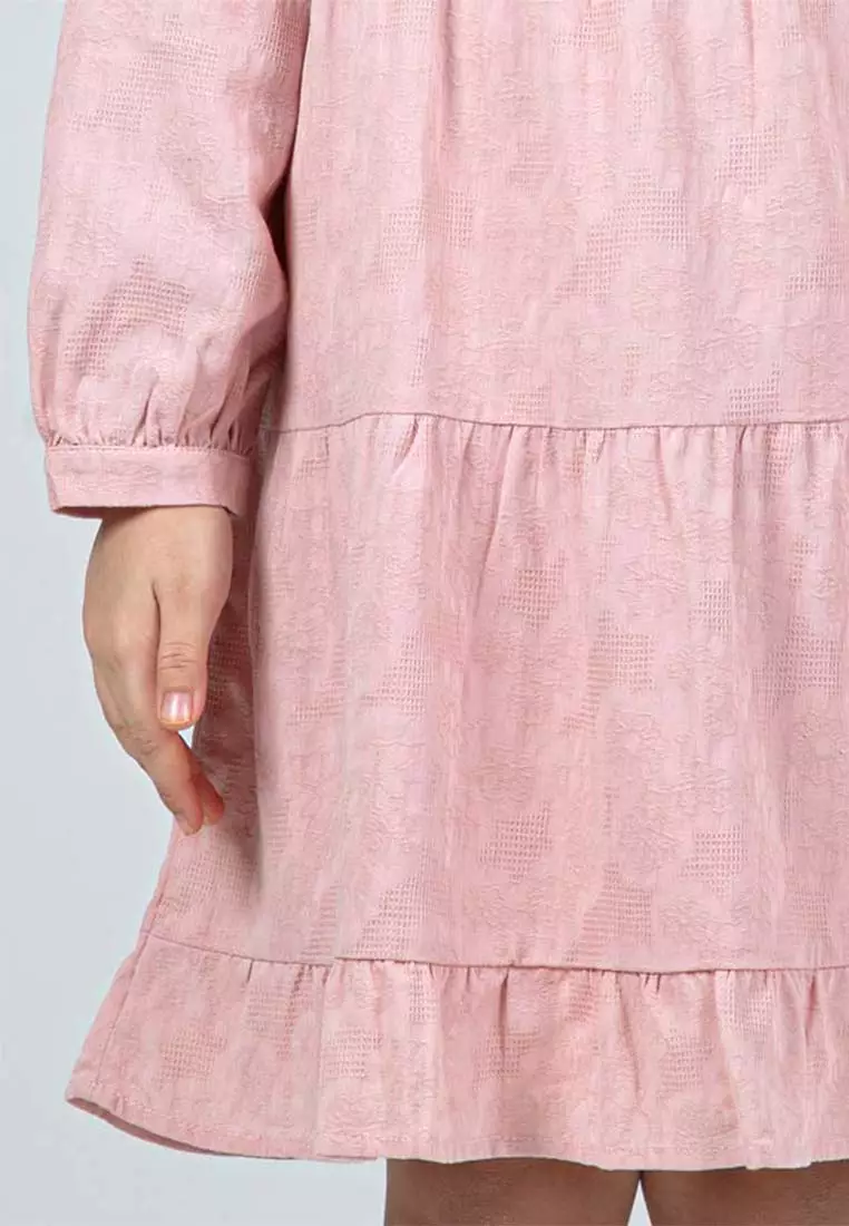 Forest Kids Girls Cotton Jacquard Long Sleeve Tiered Dress with Cotton Lining - FK885072-59LotusPink