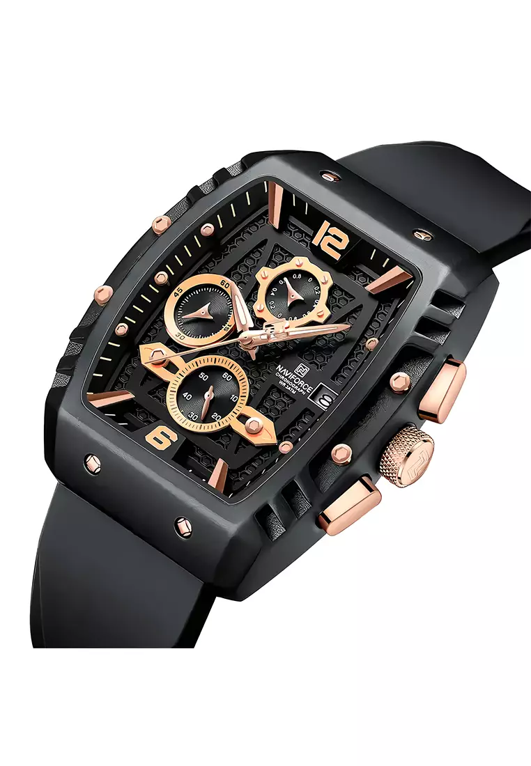 Naviforce Chronograph - Jam Tangan Analog Pria - Black Rosegold - Rubber Strap - NF8025