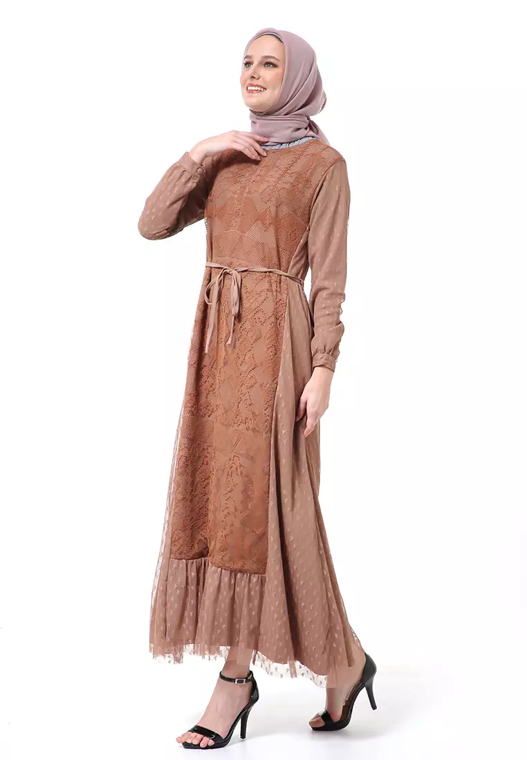 Nayaka Gamis Wanita Lengan Panjang Design Klasik High Quality Premium - Brown