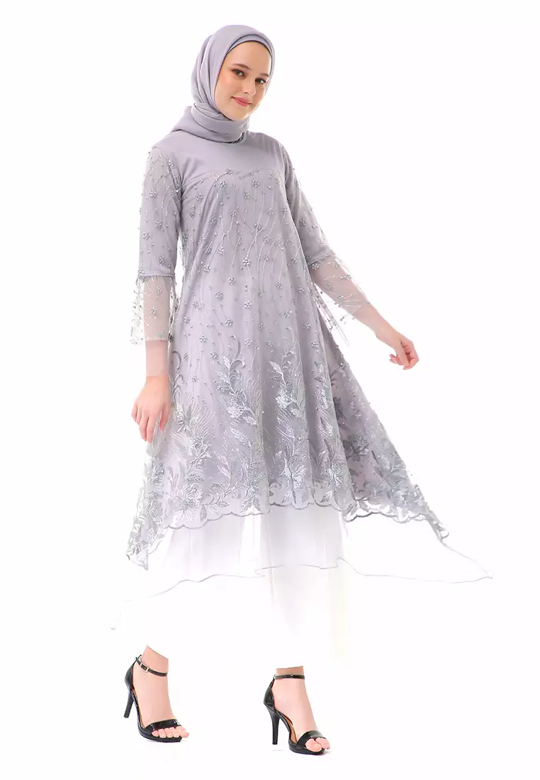 Laika Dress Muslimah Brukat Long Sleeve High Quality Premium Wanita - Gray