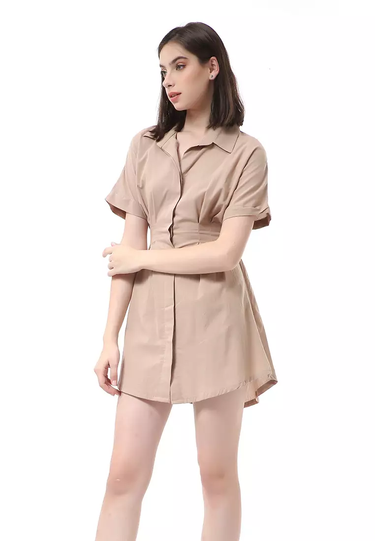 Rachel Dress Wanita Lengan Pendek Model Kemeja Plain Motive Material Cotton ORIGINAL - Brown