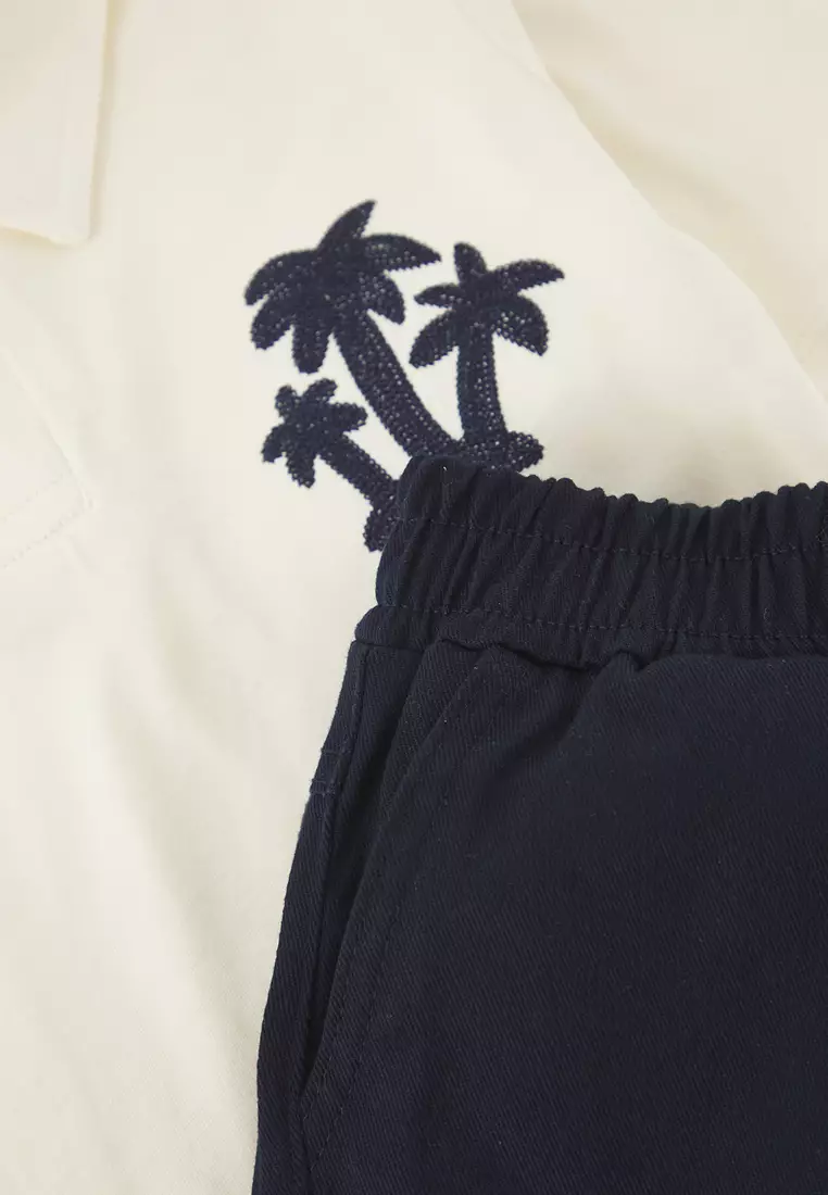 Embroidered Polo Collar Short Sleeve Knitted Top-Bottom Set