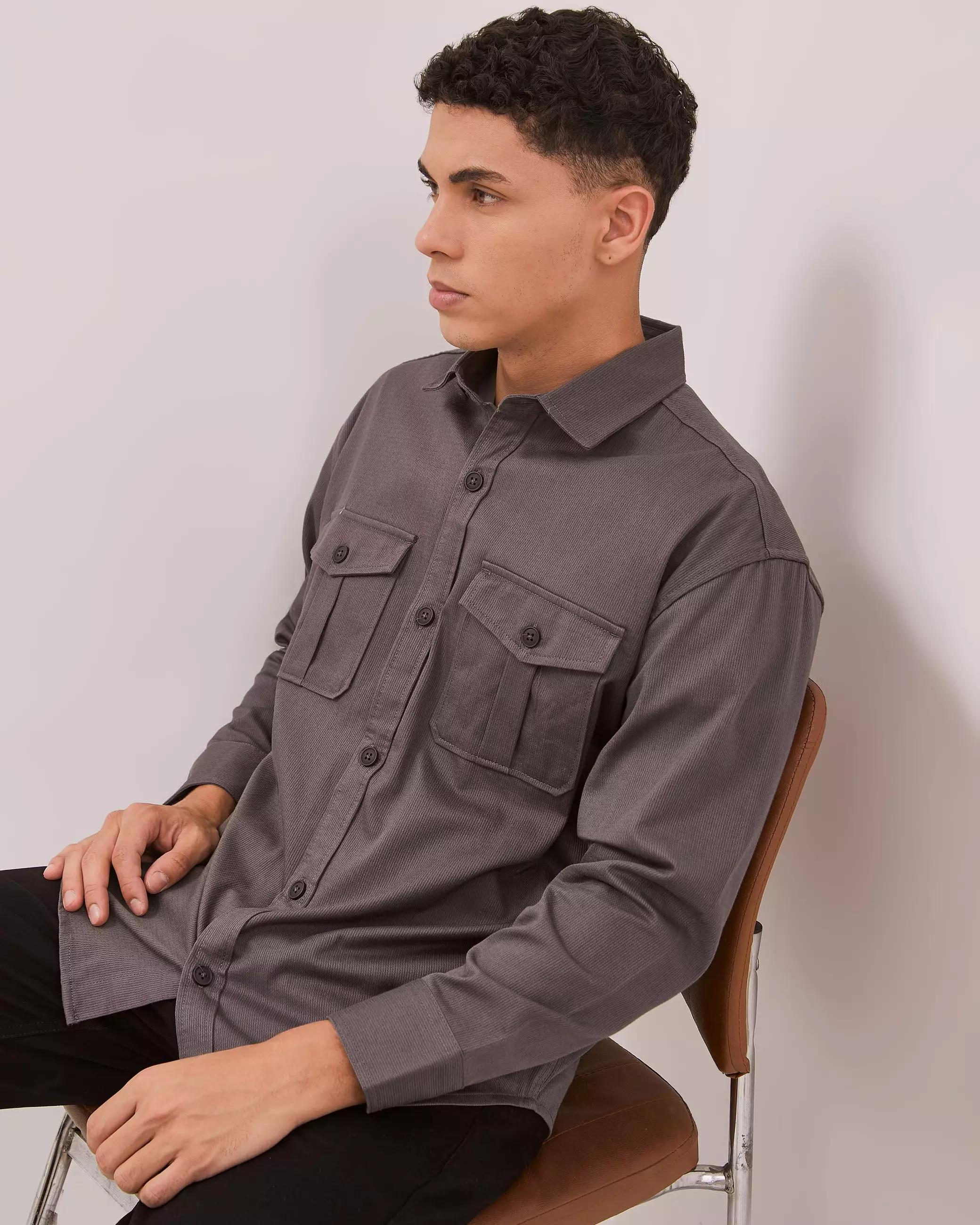 AMK Kemeja Polos Oversize Pria Lengan Panjang SHS Nelson Ls Dark Grey